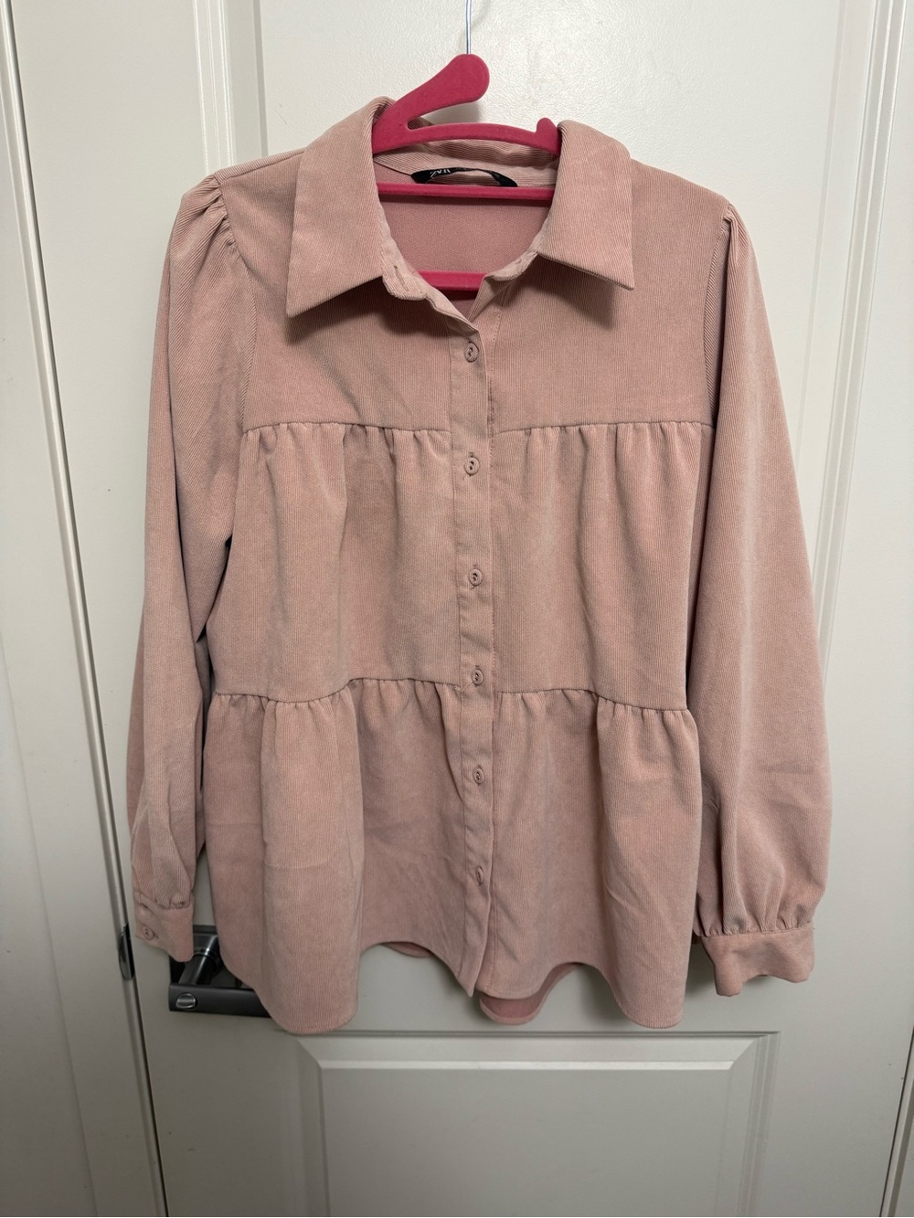 Zara Dusty Pink Tiered Button-Down Corduroy Shirt in size M